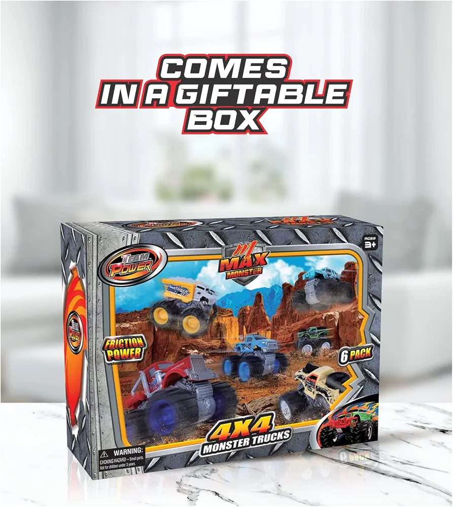 6 Pack Monster Trucks Toys for Boys and Girls, 4-Wheel Drive Friction Powered Push and Go Toy Cars with Giant Wheels, 360° Crazy Stunts, Age 3, 4-7 and Above Boy Birthday Gifts [Amazon Exclusive]