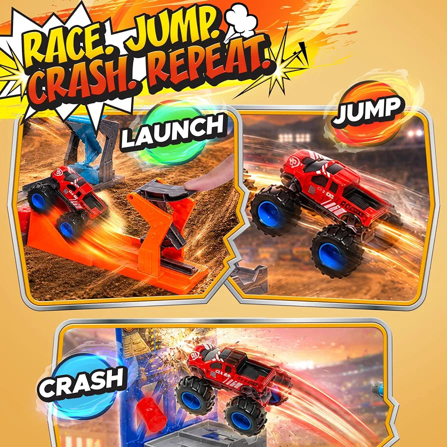 8 Pack Die-Cast Monster Trucks and Ultimate Stunt Arena with Launchers, Jump Action Ramps, Crush Cars, Barrels and Track Playset, 1:64 Monster Truck Toys for Kids Age 3 and Above Boy Birthday Gifts