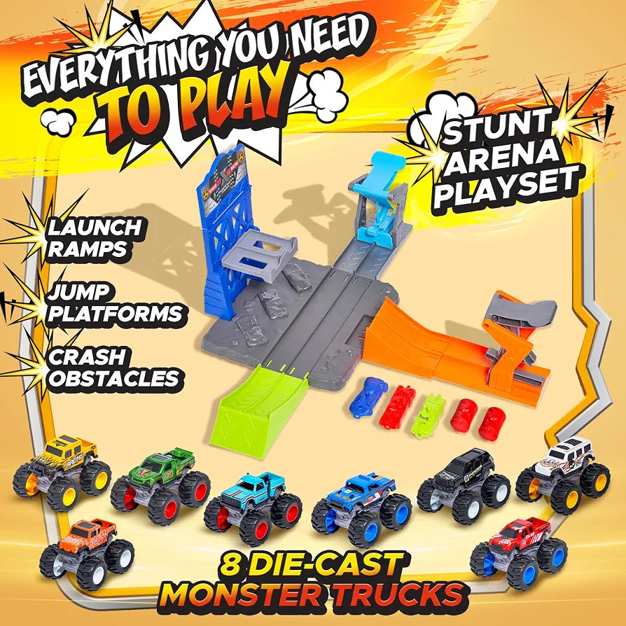 8 Pack Die-Cast Monster Trucks and Ultimate Stunt Arena with Launchers, Jump Action Ramps, Crush Cars, Barrels and Track Playset, 1:64 Monster Truck Toys for Kids Age 3 and Above Boy Birthday Gifts