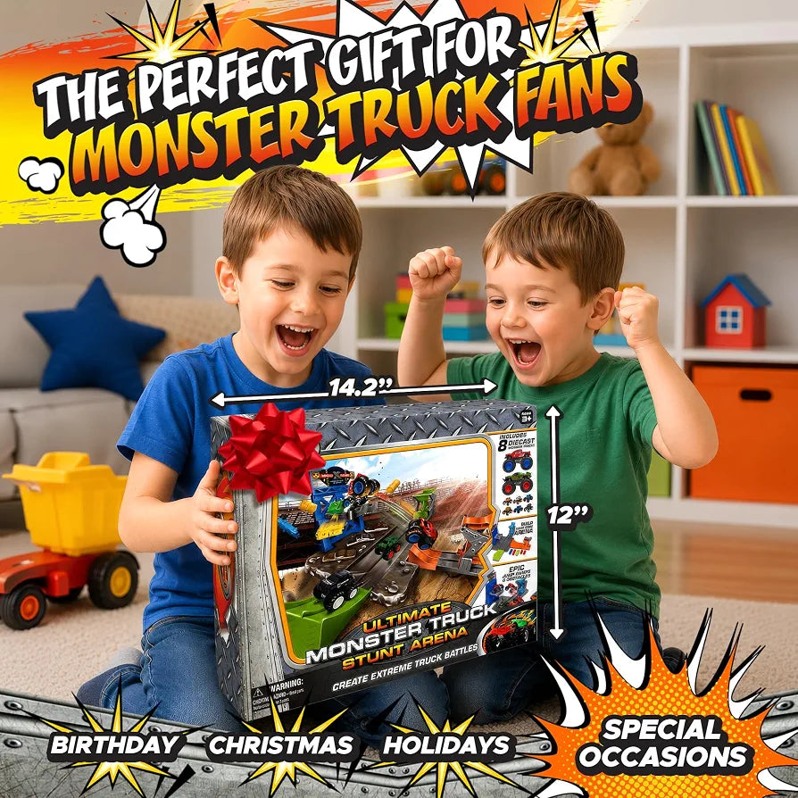 8 Pack Die-Cast Monster Trucks and Ultimate Stunt Arena with Launchers, Jump Action Ramps, Crush Cars, Barrels and Track Playset, 1:64 Monster Truck Toys for Kids Age 3 and Above Boy Birthday Gifts