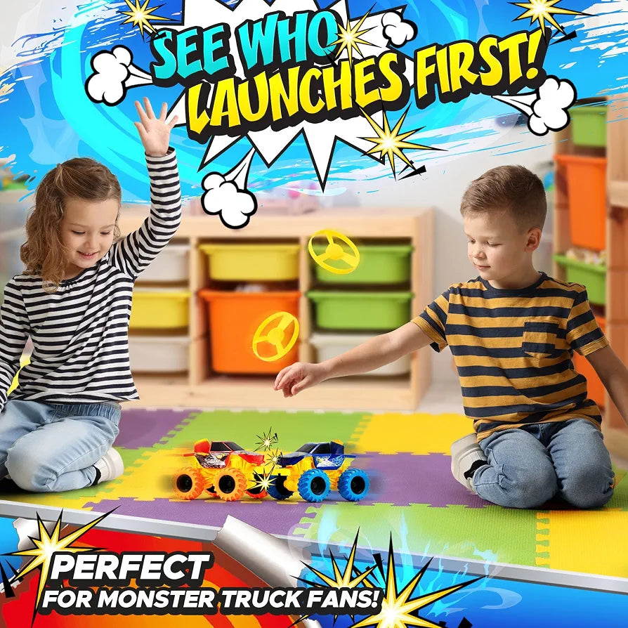 Team Power 2 Pack Monster Truck Toys Drone Warrior, Disc-Launching 5.2" Battle Trucks Pull-Back & Go, Age 3, 4-7 and Above Boys Birthday Gifts [Amazon Exclusive]
