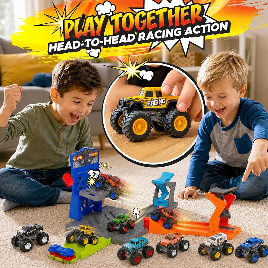 8 Pack Die-Cast Monster Trucks and Ultimate Stunt Arena with Launchers, Jump Action Ramps, Crush Cars, Barrels and Track Playset, 1:64 Monster Truck Toys for Kids Age 3 and Above Boy Birthday Gifts