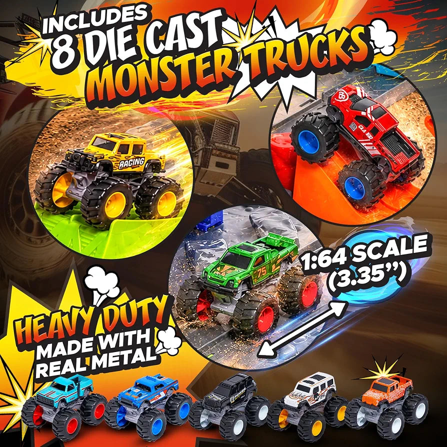 8 Pack Die-Cast Monster Trucks and Ultimate Stunt Arena with Launchers, Jump Action Ramps, Crush Cars, Barrels and Track Playset, 1:64 Monster Truck Toys for Kids Age 3 and Above Boy Birthday Gifts
