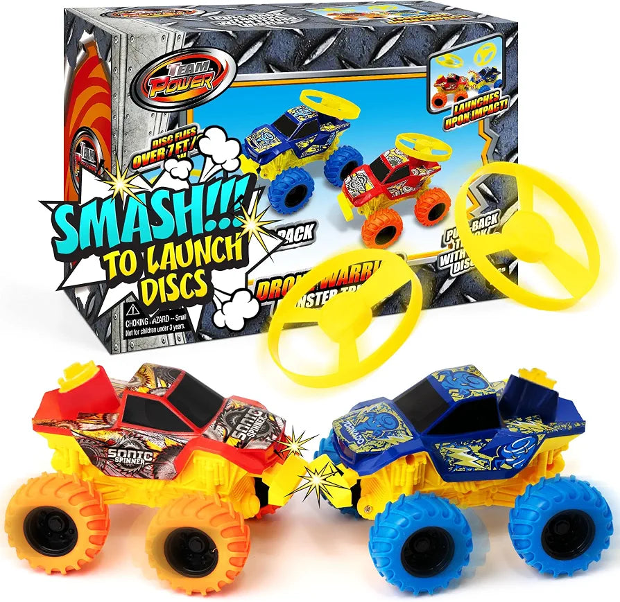 Team Power 2 Pack Monster Truck Toys Drone Warrior, Disc-Launching 5.2" Battle Trucks Pull-Back & Go, Age 3, 4-7 and Above Boys Birthday Gifts [Amazon Exclusive]