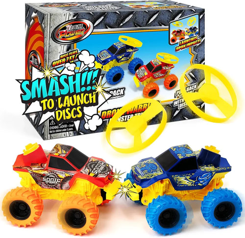 Team Power 2 Pack Monster Truck Toys Drone Warrior, Disc-Launching 5.2" Battle Trucks Pull-Back & Go, Age 3, 4-7 and Above Boys Birthday Gifts [Amazon Exclusive]