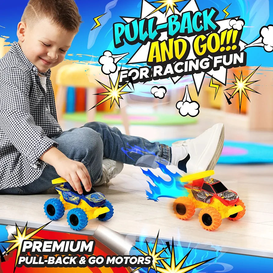 Team Power 2 Pack Monster Truck Toys Drone Warrior, Disc-Launching 5.2" Battle Trucks Pull-Back & Go, Age 3, 4-7 and Above Boys Birthday Gifts [Amazon Exclusive]