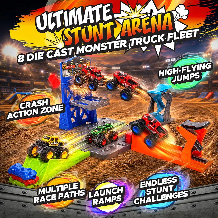 8 Pack Die-Cast Monster Trucks and Ultimate Stunt Arena with Launchers, Jump Action Ramps, Crush Cars, Barrels and Track Playset, 1:64 Monster Truck Toys for Kids Age 3 and Above Boy Birthday Gifts