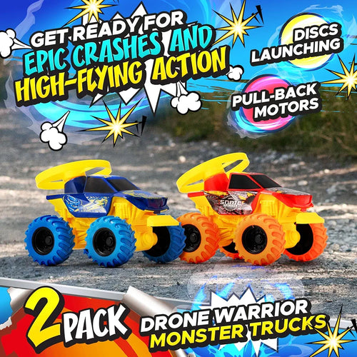 Team Power 2 Pack Monster Truck Toys Drone Warrior, Disc-Launching 5.2" Battle Trucks Pull-Back & Go, Age 3, 4-7 and Above Boys Birthday Gifts [Amazon Exclusive]