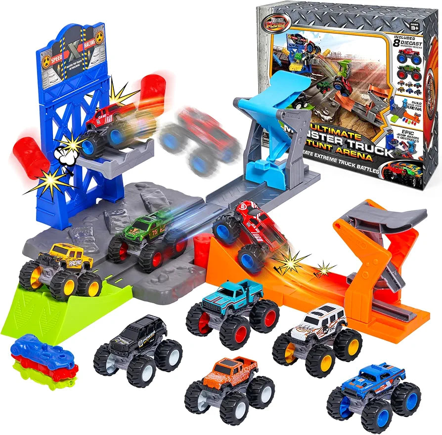 8 Pack Die-Cast Monster Trucks and Ultimate Stunt Arena with Launchers, Jump Action Ramps, Crush Cars, Barrels and Track Playset, 1:64 Monster Truck Toys for Kids Age 3 and Above Boy Birthday Gifts