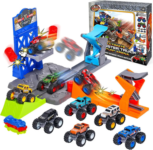 8 Pack Die-Cast Monster Trucks and Ultimate Stunt Arena with Launchers, Jump Action Ramps, Crush Cars, Barrels and Track Playset, 1:64 Monster Truck Toys for Kids Age 3 and Above Boy Birthday Gifts