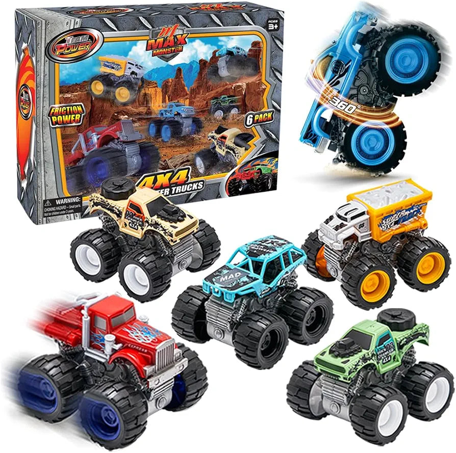 6 Pack Monster Trucks Toys for Boys and Girls, 4-Wheel Drive Friction Powered Push and Go Toy Cars with Giant Wheels, 360° Crazy Stunts, Age 3, 4-7 and Above Boy Birthday Gifts [Amazon Exclusive]