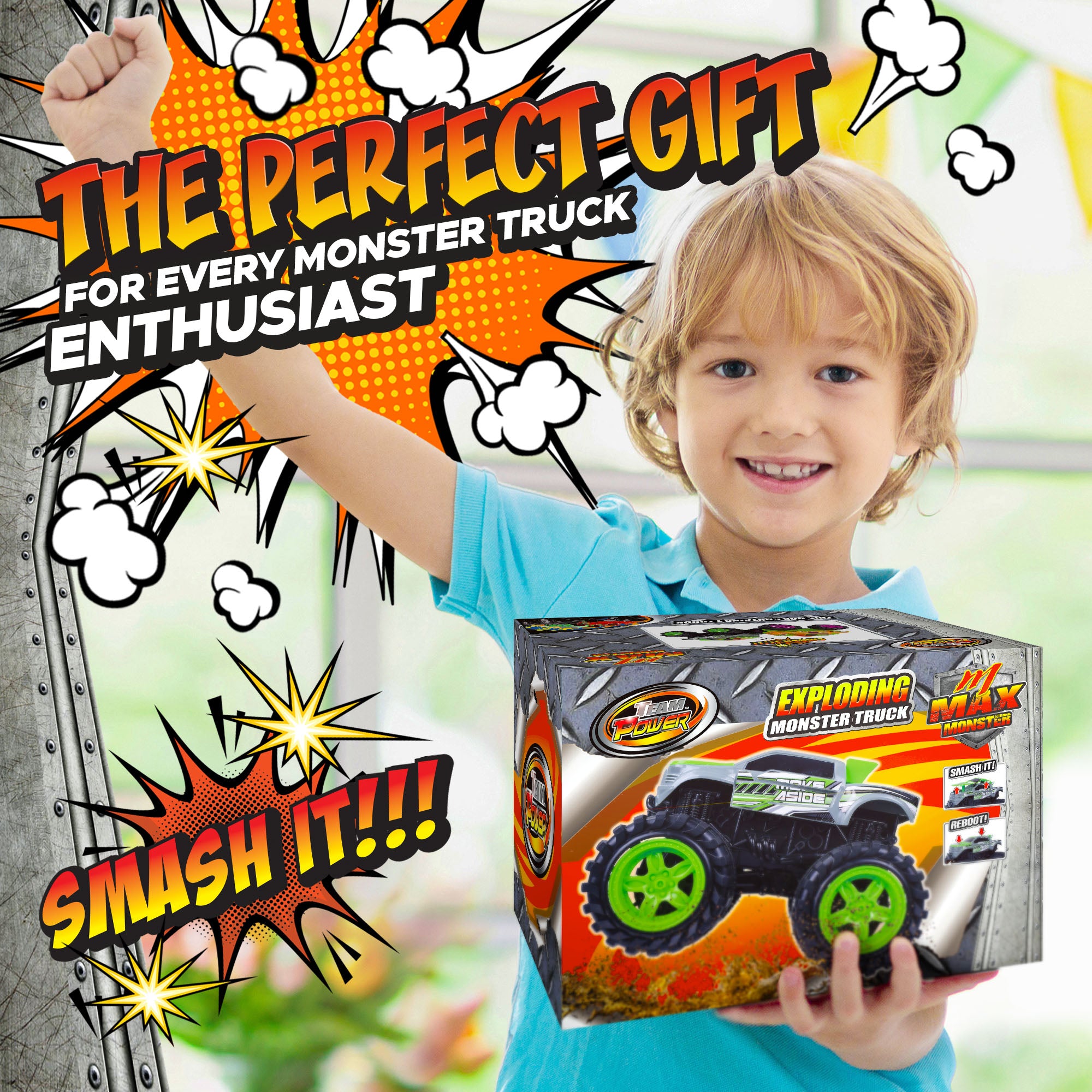 Team Power Exploding Monster Truck: High-Impact Crash & Reset Toy with Lights & Explosive Sounds